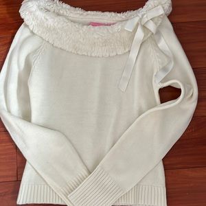 Vintage Off the shoulder fur bow collar knit sweater
